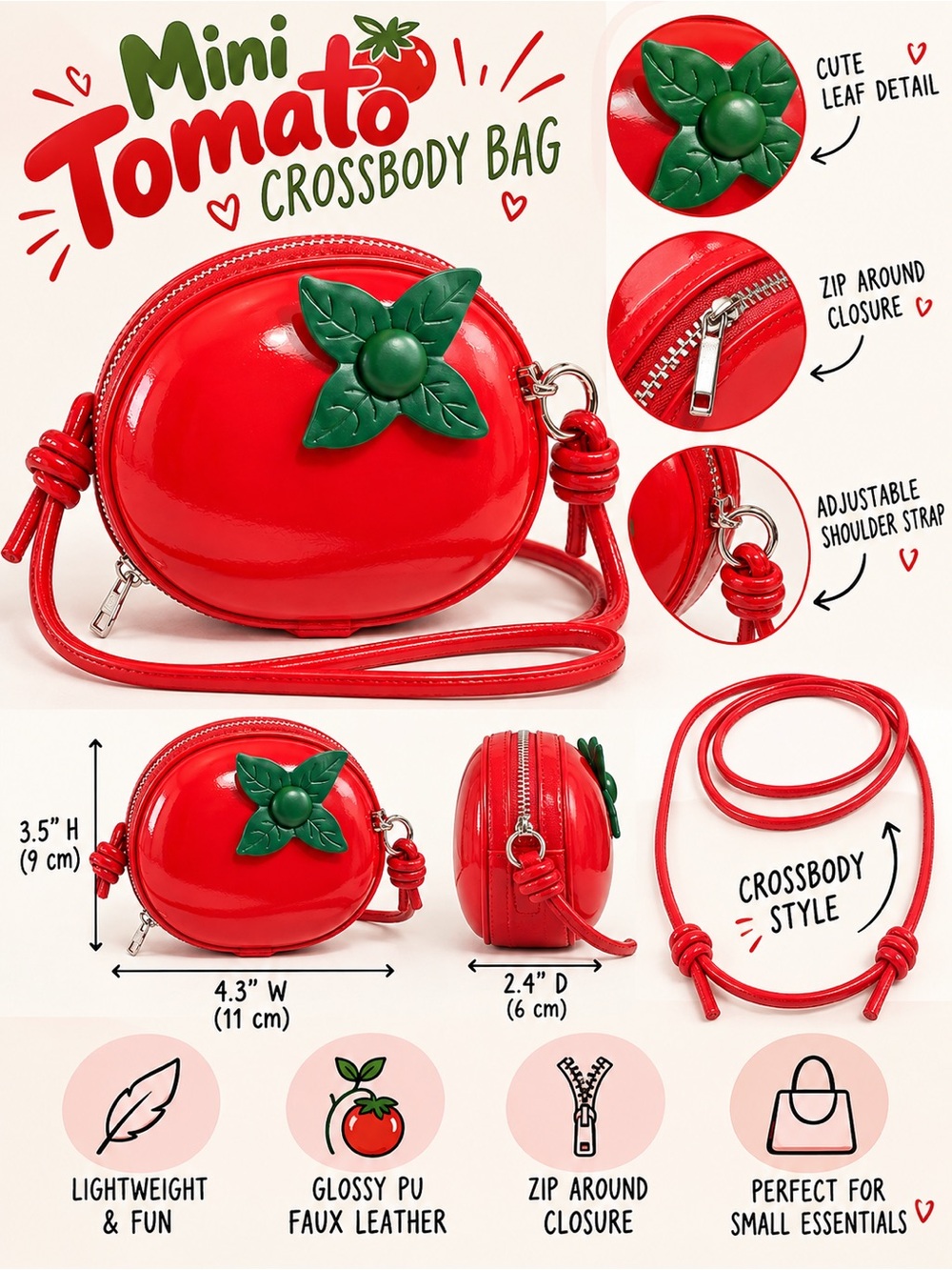 Mini Tomato Crossbody Bag Glossy Red Vinyl Novelty Fruit Purse - New - Picture 3 of 4